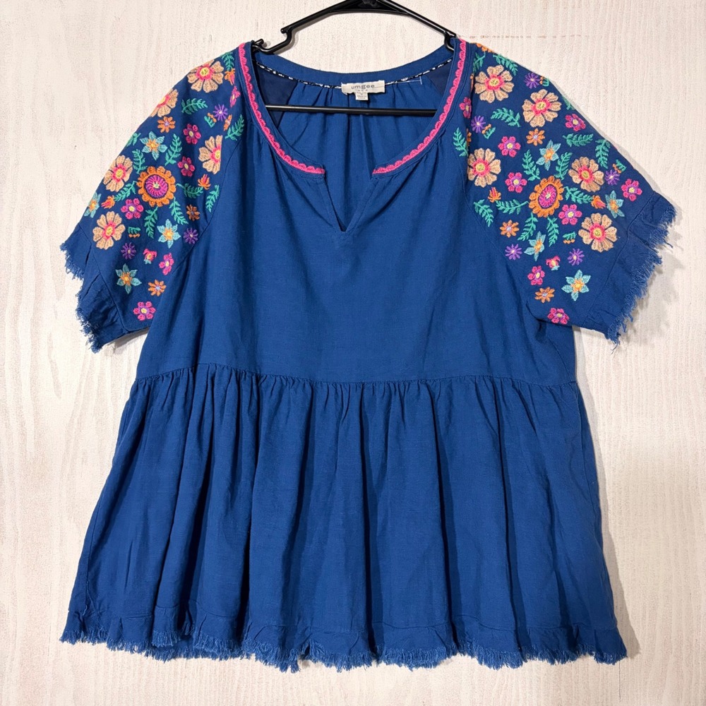 Umgee Babydoll Top Womens Small Blue Embroidered Boho Linen Blend K7331